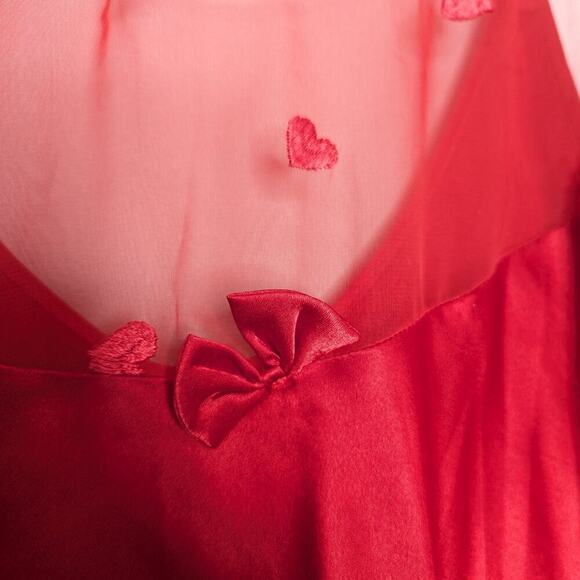Vintage 90's Red Embroidered Heart Pattern Semi Sheer Slip Dress Nightie Bow M - Picture 6 of 10